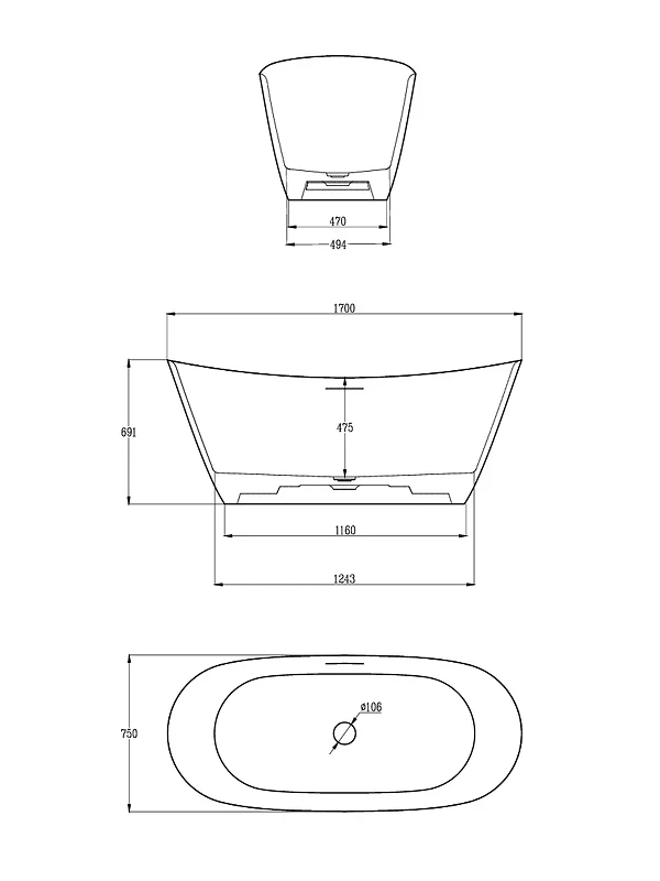 Ванна из искусственного камня AltroBagno Fiorina 170x75 090217 цвет Серый гранит