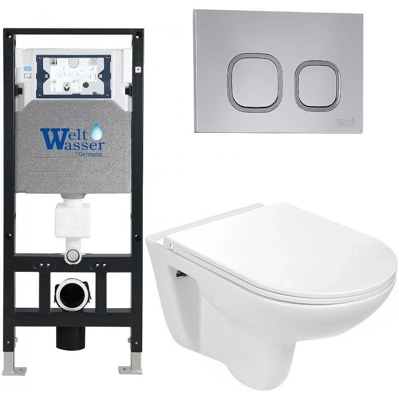 Комплект унитаза с инсталляцией WeltWasser AMBERG 506 + BAARBACH 004 GL-WT + AMBERG RD-CR 10000006768 цвет Белый глянцевый с сиденьем Микролифт и клавишей смыва цвет Хром