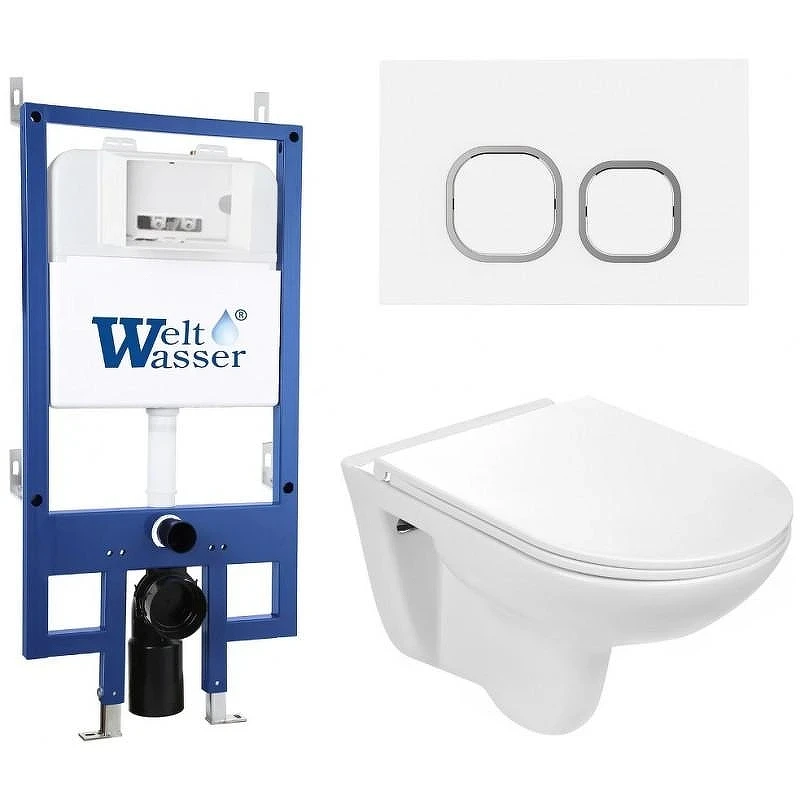 Комплект унитаза с инсталляцией WeltWasser BAMBERG 545 + BAARBACH 004 GL-WT + BAMBERG WT 10000010354 цвет Белый глянцевый с сиденьем Микролифт и клавишей смыва цвет Белый
