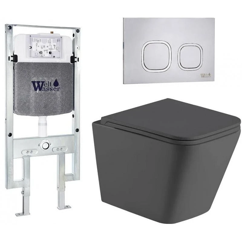 Комплект унитаза с инсталляцией WeltWasser AMBERG 497 ST + GELBACH 043 MT-GR + AMBERG RD-MT CR 10000012022 цвет Серый матовый с сиденьем Микролифт и клавишей смыва цвет Хром матовый