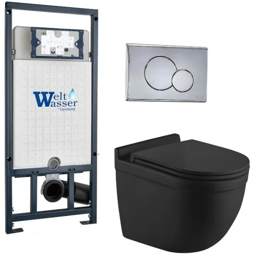 Комплект унитаза с инсталляцией WeltWasser MARBERG 507 + HEIMBACH 043 MT-BL + MAR 507 RD-CR 10000012253 цвет Черный матовый с сиденьем Микролифт и клавишей смыва цвет Хром