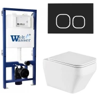 Комплект унитаза с инсталляцией WeltWasser BAMBERG 525 + HOFBACH 041 GL-WT + BAMBERG BL 10000013585 цвет Белый глянцевый с сиденьем Микролифт и клавишей смыва цвет Черный