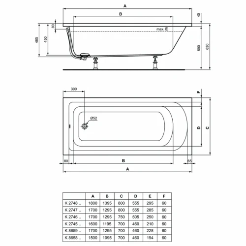 Акриловая ванна Ideal Standard Hotline 150х70 K865801 цвет Euro White / Евробелый