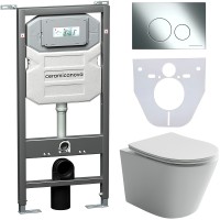 Комплект унитаза с инсталляцией Ceramicanova Balearica CN6000_1001CH_1000 с сиденьем Микролифт и клавишей смыва Хром глянцевый фарфор подвесной