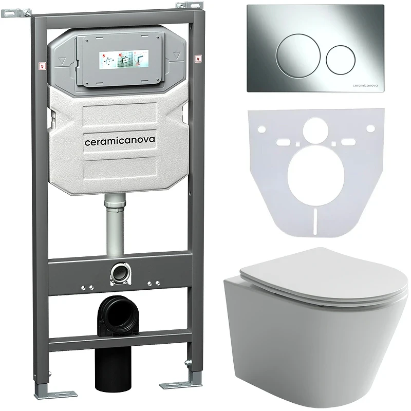 Комплект унитаза с инсталляцией Ceramicanova Balearica CN6000_1001CH_1000 с сиденьем Микролифт и клавишей смыва Хром глянцевый фарфор подвесной