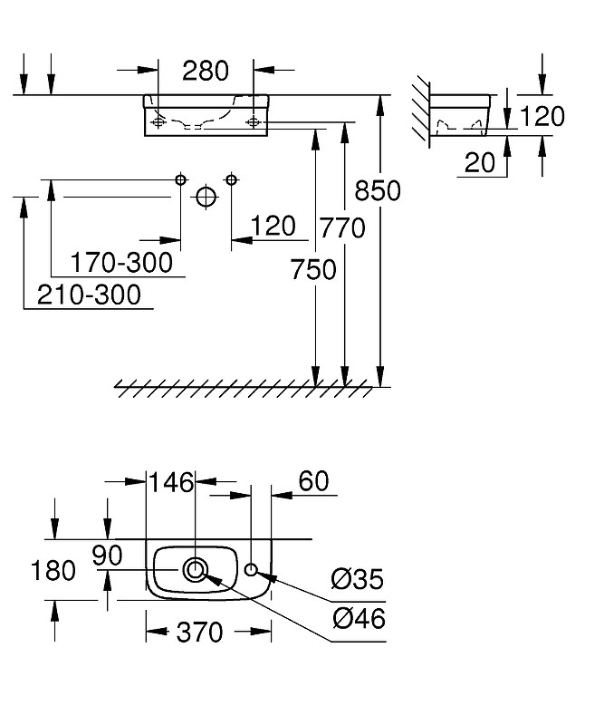Раковина Grohe Euro Ceramic 37 39327000 Белая фарфор подвесная