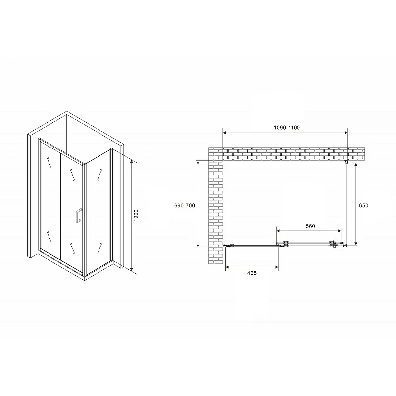 Душевой уголок Abber Schwarzer Diamant 110x70 AG30110B5-S70B5 профиль Черный стекло прозрачное