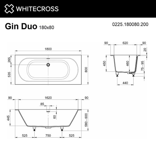 Ванна из искусственного камня Whitecross Gin Duo 180x80 0225.180080.200 цвет Белый матовый