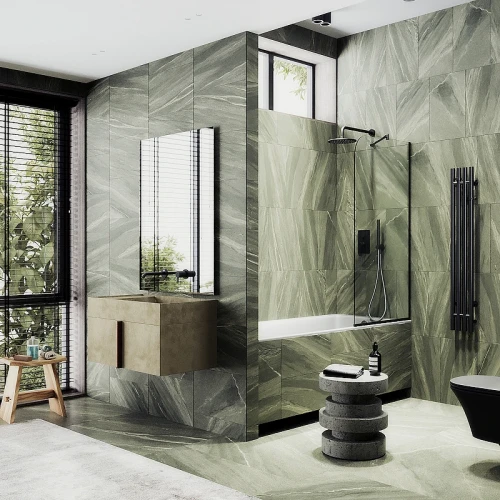 Шторка на ванну Maybah Glass MGV-131-6у 340x1400 в узком профиле Черный стекло прозрачное