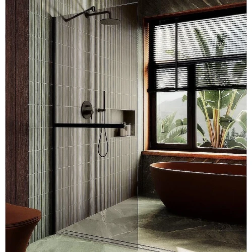 Душевая перегородка Maybah Glass MGD-1459-6ш 990х1950 в широком профиле с полотенцедержателем Черный стекло бронзовое