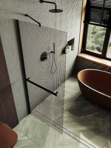 Душевая перегородка Maybah Glass MGD-1459-6ш 990х1950 в широком профиле с полотенцедержателем Черный стекло бронзовое