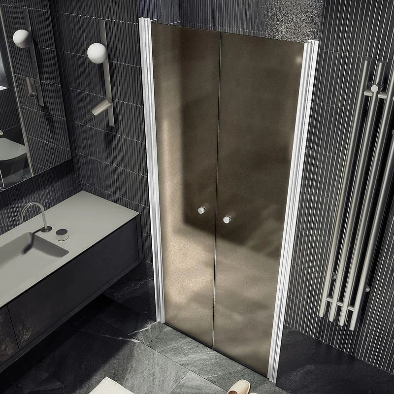 Душевая дверь Maybah Glass MGD-437-1 890х1980 двустворчатая на монопетлях Белый матовый стекло бронзовое матовое