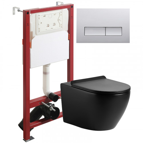 Комплект унитаза с инсталляцией Agger ATI03144+APB200 с сиденьем Микролифт и клавишей смыва Хром глянцевый фарфор подвесной