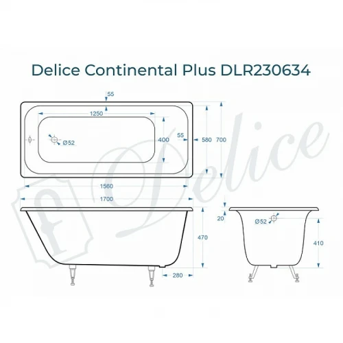 Чугунная ванна Delice Continental Plus 170x70 DLR230634 без отверстий под ручки и антискользящего покрытия