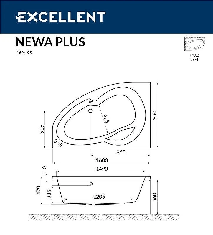 Акриловая ванна Excellent Newa 160x95 L WAEX.NEL16.SOFT.GL с гидромассажем