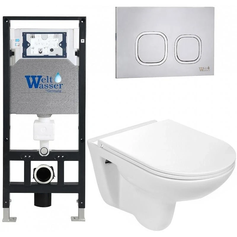 Комплект унитаза с инсталляцией WeltWasser AMBERG 506 + BAARBACH 004 GL-WT + AMBERG RD-MT CR 10000006769 цвет Белый глянцевый с сиденьем Микролифт и клавишей смыва цвет Хром матовый