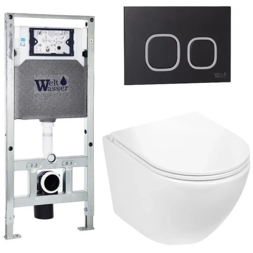 Комплект унитаза с инсталляцией WeltWasser AMBERG 506 ST + MERZBACH 043 GL-WT + AMBERG RD-BL 10000011297 цвет Белый глянцевый с сиденьем Микролифт и клавишей смыва цвет Черный