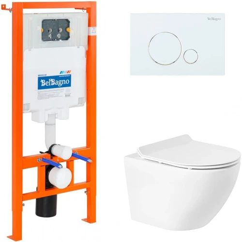 Комплект унитаза с инсталляцией BelBagno Sfera-R BB046CHR/BB2111SC/BB002-80/BB014-SR-BIANCO с сиденьем Микролифт и Белой клавишей смыва фаянс подвесной