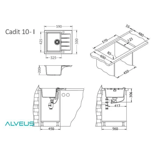 Кухонная мойка Alveus Granital Cadit 10 Carbon G91 590x500 1132021 Угольная искусственный камень (литьевой мрамор) встраиваемый