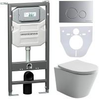 Комплект унитаза с инсталляцией Ceramicanova Balearica CN6000_1001M_1000 с сиденьем Микролифт и клавишей смыва Хром матовый фарфор подвесной