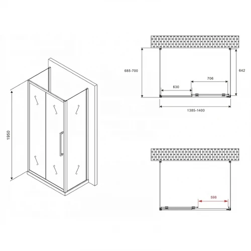 Душевой уголок Abber Schwarzer Diamant 140x70 AG30140BMH-S70BM-S70BM профиль Черный стекло матовое
