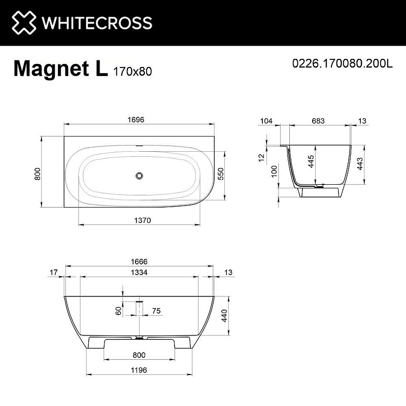 Ванна из искусственного камня Whitecross Magnet 170x80 L 0226.170080.200L цвет Белый матовый
