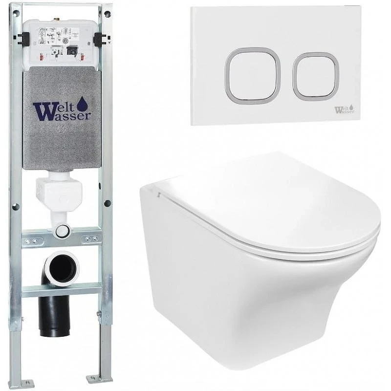 Комплект унитаза с инсталляцией WeltWasser AMBERG 350 ST + ODENBACH 004 GL-WT + AMBERG RD-WT 10000006566 цвет Белый глянцевый с сиденьем Микролифт и клавишей смыва цвет Белый