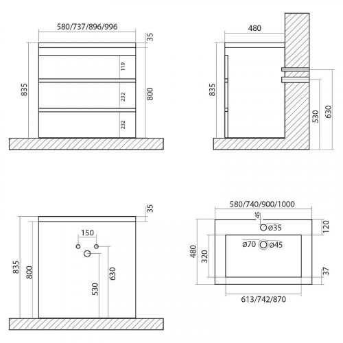 Тумба под раковину Art&amp;Max Family-750-3C-PIA-PB Сканди МДФ / ЛДСП