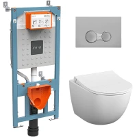 Комплект унитаза с инсталляцией Vitra Sento Rim-Ex 9830B003-7207 с сиденьем Микролифт и клавишей смыва Хром матовый фарфор подвесной