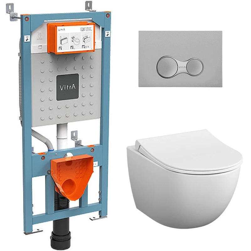 Комплект унитаза с инсталляцией Vitra Sento Rim-Ex 9830B003-7207 с сиденьем Микролифт и клавишей смыва Хром матовый фарфор подвесной