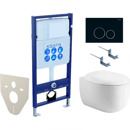 Комплект унитаза с инсталляцией Aquatek Set Aquatek Альтаир cm-020 4в1 с сиденьем Микролифт и Черной матовой клавишей смыва фарфор подвесной