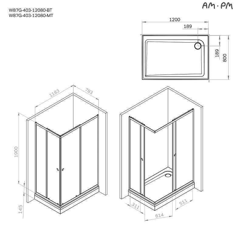 Душевой уголок AM.PM Sunny 120х80 W87G-403-12080-MT профиль Хром матовый стекло прозрачное