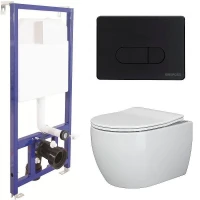 Унитаз с инсталляцией Ceramicanova Play CN3001 + Berges Novum D5 040235 с сиденьем Микролифт и Черной матовой клавишей смыва
