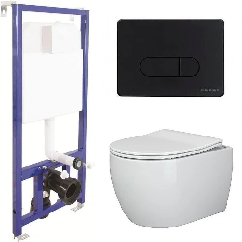 Унитаз с инсталляцией Ceramicanova Play CN3001 + Berges Novum D5 040235 с сиденьем Микролифт и Черной матовой клавишей смыва