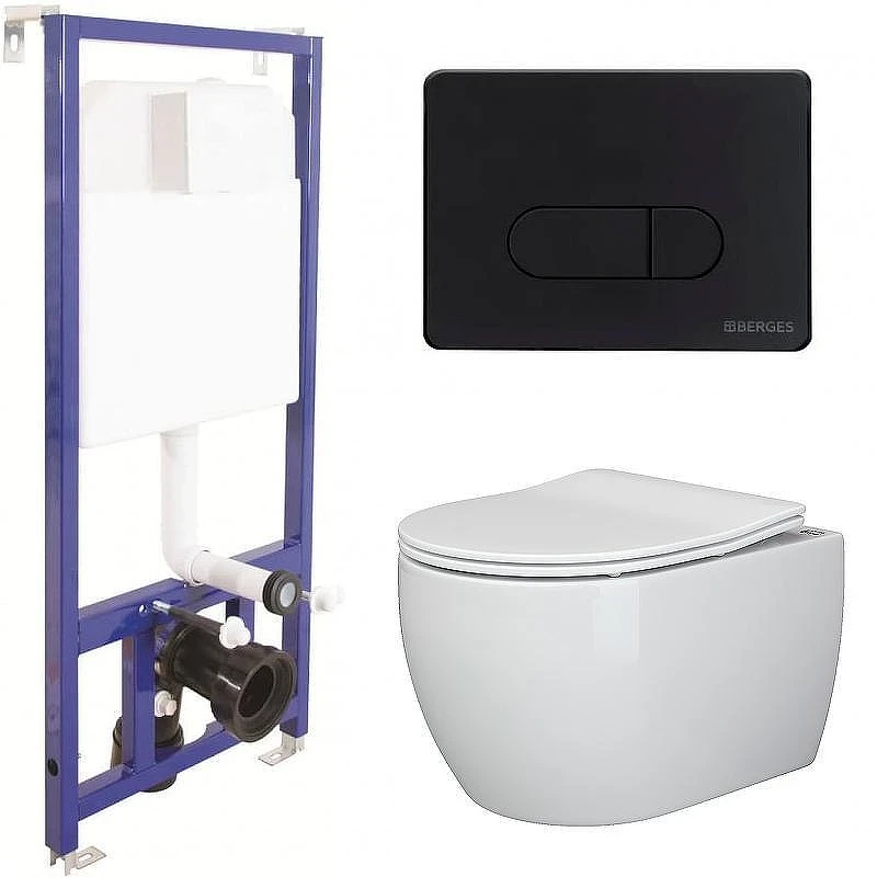 Унитаз с инсталляцией Ceramicanova Play CN3001 + Berges Novum D5 040235 с сиденьем Микролифт и Черной матовой клавишей смыва