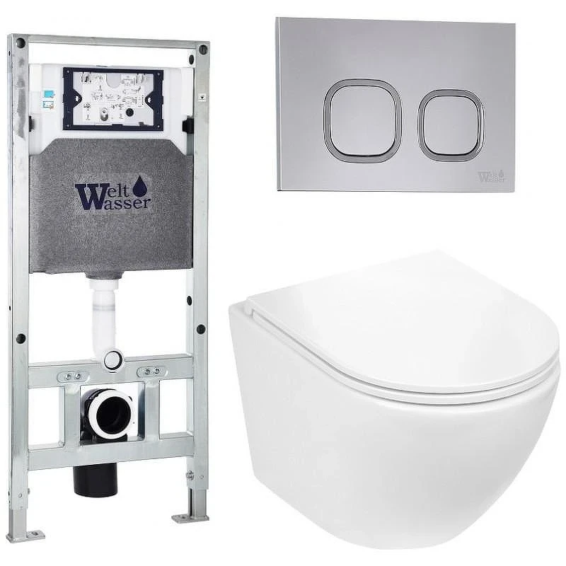 Комплект унитаза с инсталляцией WeltWasser AMBERG 506 ST + MERZBACH 043 GL-WT + AMBERG RD-CR 10000011298 цвет Белый глянцевый с сиденьем Микролифт и клавишей смыва цвет Хром