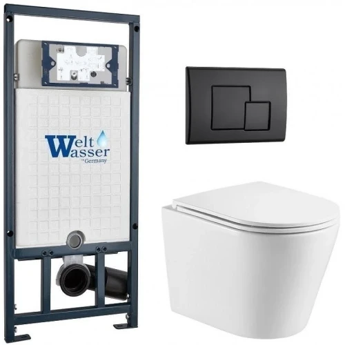 Комплект унитаза с инсталляцией WeltWasser MARBERG 507 + SALZBACH 043 GL-WT + MAR 507 SE MT-BL 10000011519 цвет Белый глянцевый с сиденьем Микролифт и клавишей смыва цвет Черный матовый