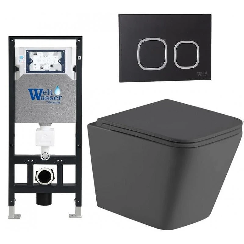 Комплект унитаза с инсталляцией WeltWasser AMBERG 506 + GELBACH 043 MT-GR + AMBERG RD-BL 10000012025 цвет Серый матовый с сиденьем Микролифт и клавишей смыва цвет Черный