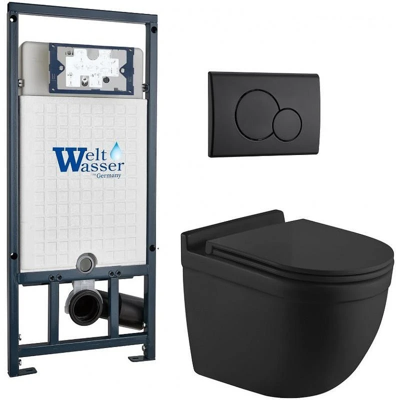 Комплект унитаза с инсталляцией WeltWasser MARBERG 507 + HEIMBACH 043 MT-BL + MAR 507 RD MT-BL 10000012255 цвет Черный матовый с сиденьем Микролифт и клавишей смыва цвет Черный матовый