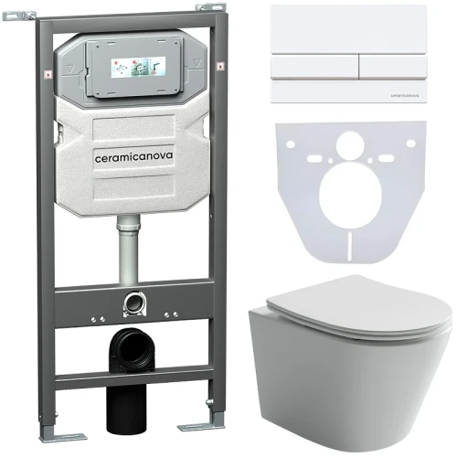 Комплект унитаза с инсталляцией Ceramicanova Balearica CN6000_1002W_1000 с сиденьем Микролифт и Белой клавишей смыва фарфор подвесной