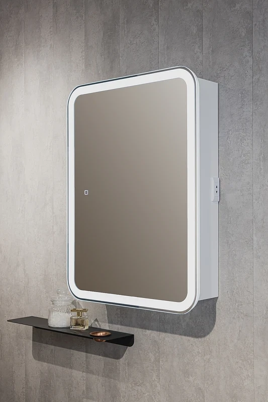 Зеркальный шкаф Silver Mirrors Фиджи Flip 60 LED-00002472 с подсветкой Белый МДФ / ЛДСП, стекло