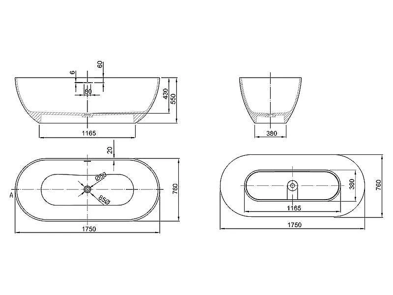Ванна из искусственного камня Uni-Flow Oval 175x76 FS307-1750 Matt White цвет Белый матовый