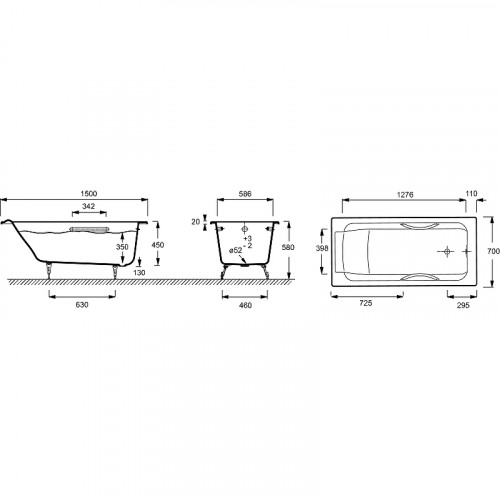 Чугунная ванна Jacob Delafon Parallel 150x70 E2949-00 с антискользящим покрытием