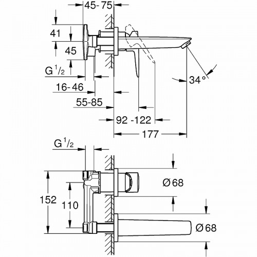 Смеситель для раковины Grohe BauEdge New 20474001 Хром латунь встраиваемый