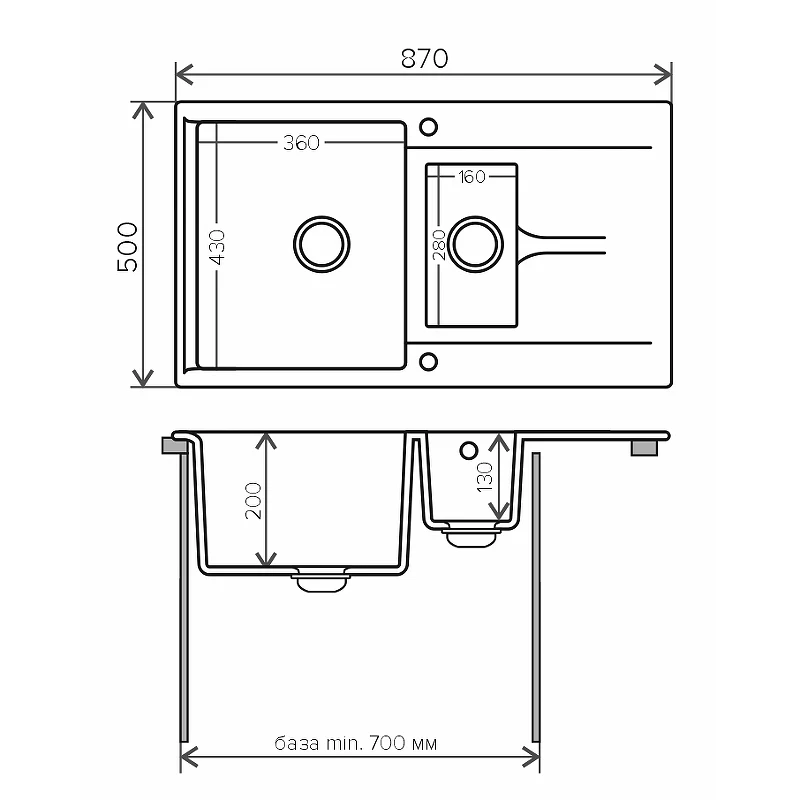 Кухонная мойка Polygran Brig-870 №14 627376 Серая искусственный камень (литьевой мрамор) встраиваемый
