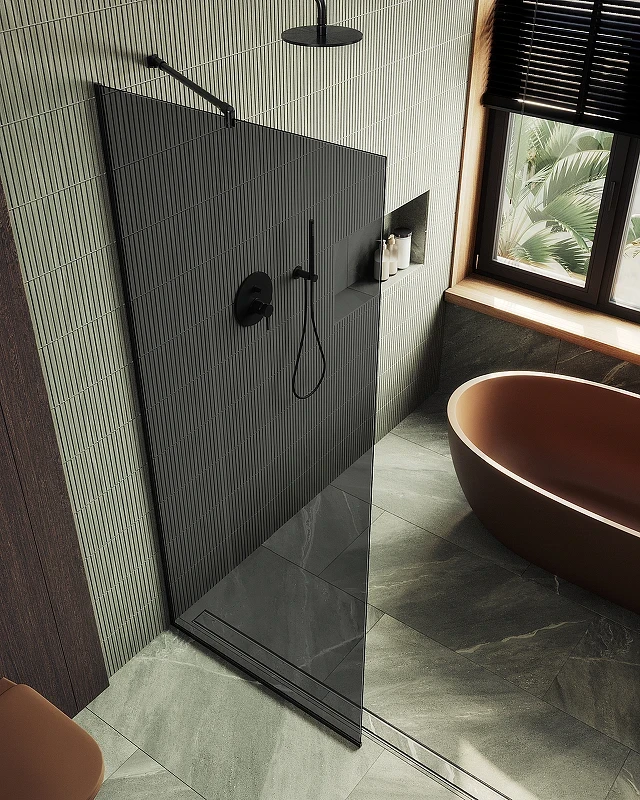 Душевая перегородка Maybah Glass MGD-698-6у 790x1950 в узком профиле Черный стекло графитовое