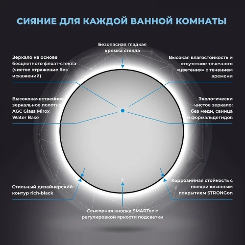 Зеркало Wellsee 7 Rays' Spectrum 80 172200150 с подсветкой цвет Черный матовый с сенсорным выключателем