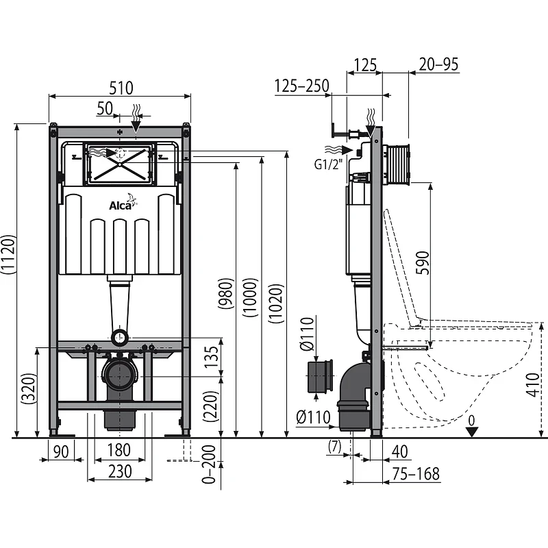 Инсталляция Alcaplast Sadromodul AM101/1120-0001 (AM101/1120) для унитаза без клавиши смыва нержавеющая сталь