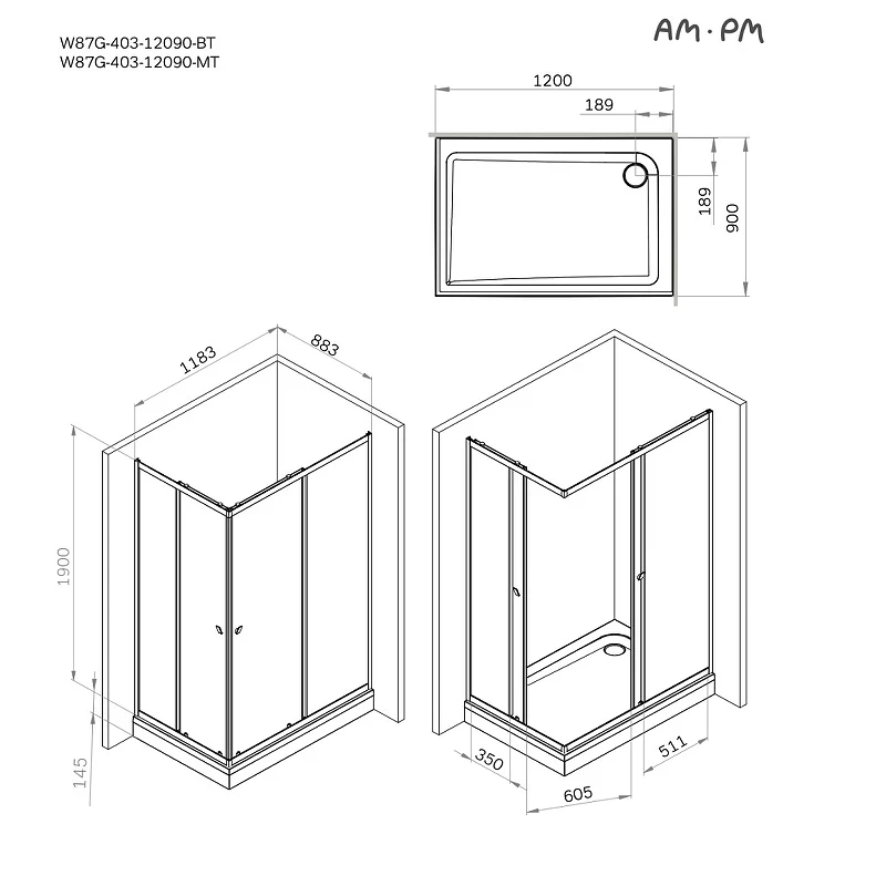 Душевой уголок AM.PM Sunny 120х90 W87G-403-12090-MT профиль Хром матовый стекло прозрачное