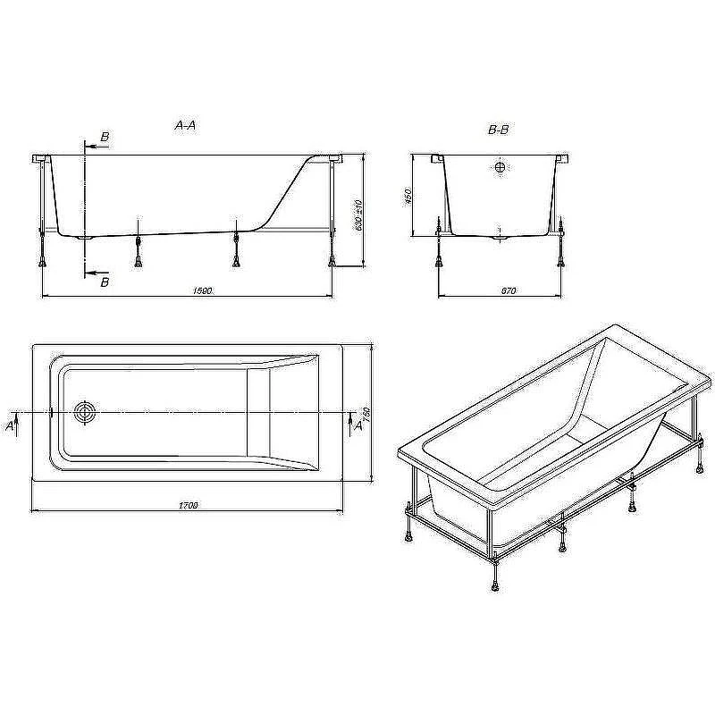 Акриловая ванна Roca Easy 170x75 ZRU9302899 без гидромассажа, с каркасом ZRU9302900